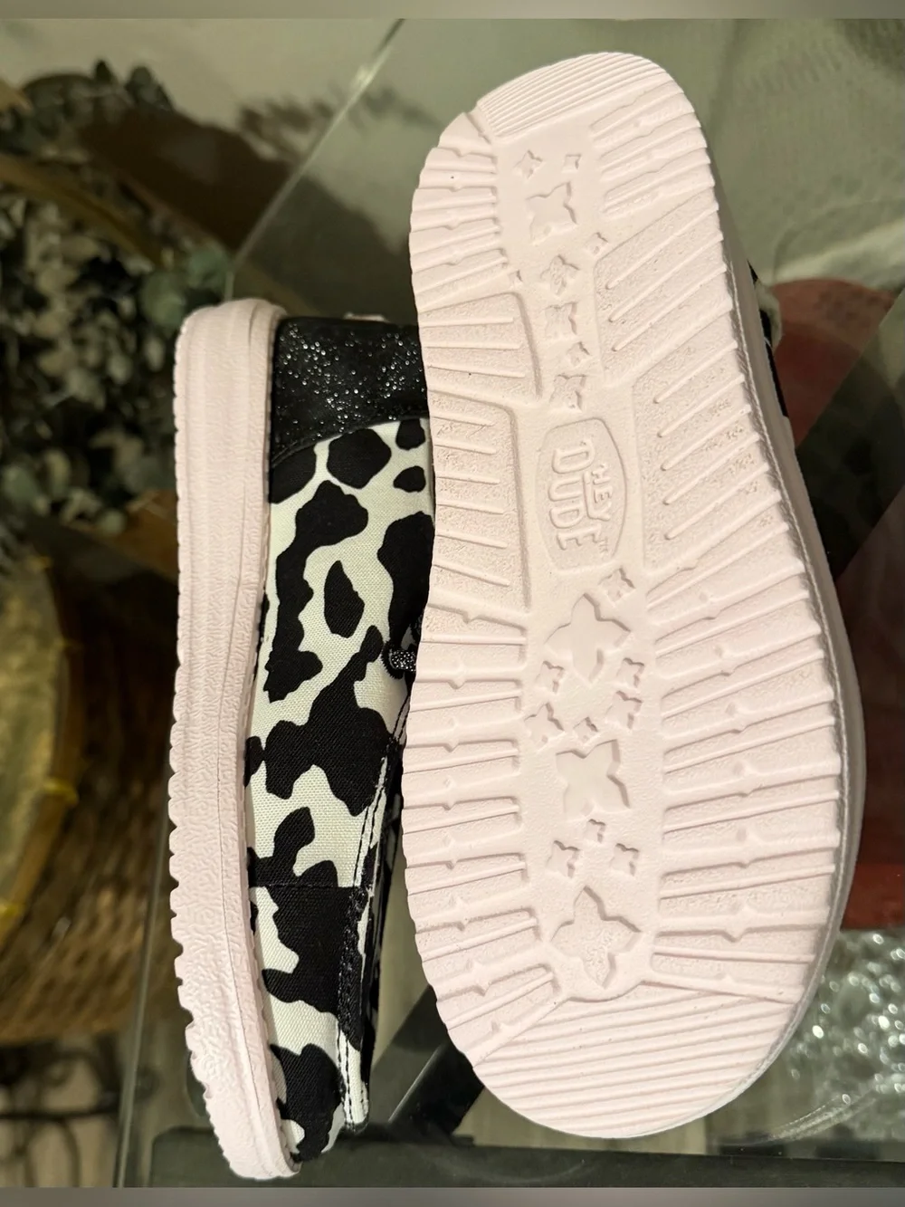 Hey Dude Youth Wendy Cow Print Lace-Up Casual Shoes in Black and White (NWOT)